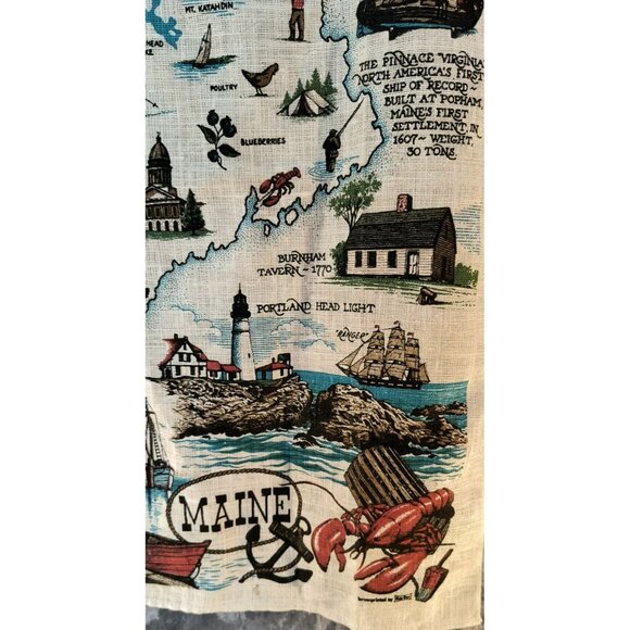 Vintage 1960s Linen Map Tea Towel Maine State Landmarks & History - Picture 2 of 7